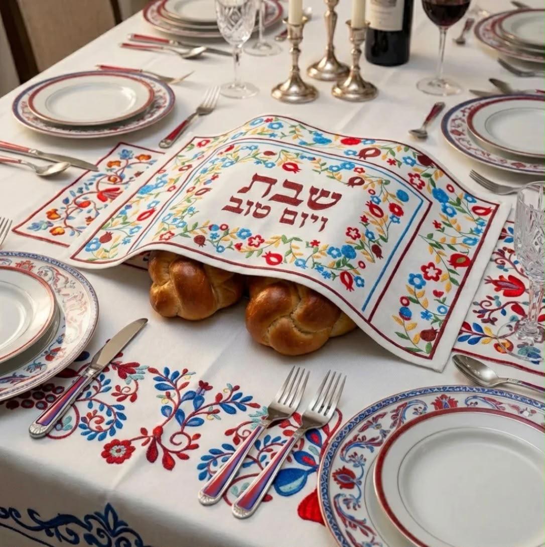 כיסוי חלה רקמה צבעונית פרחים ורימונים | שבת ויום טוב, תכשיט כסף מבית אור אבנר