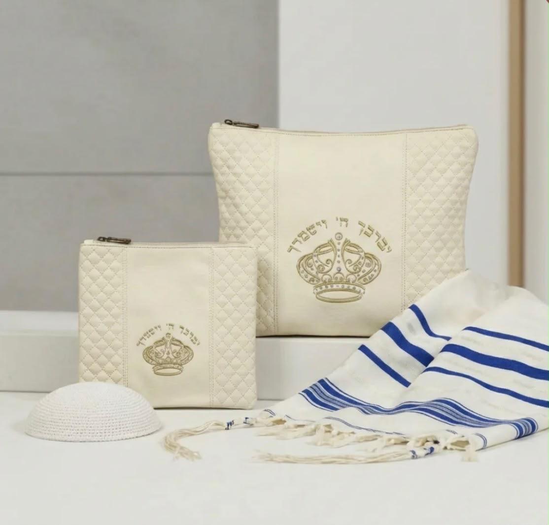 מארז כיסויים לטלית ולתפילין כתר מלכות רקמת זהב - שמנת, תכשיט כסף מבית אור אבנר